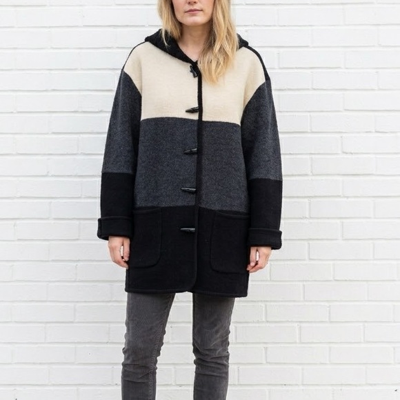 Vintage Jackets & Blazers - Vintage Wool Hooded Midi Jacket Coat Black Gray Cream Size Medium Winter 1990s